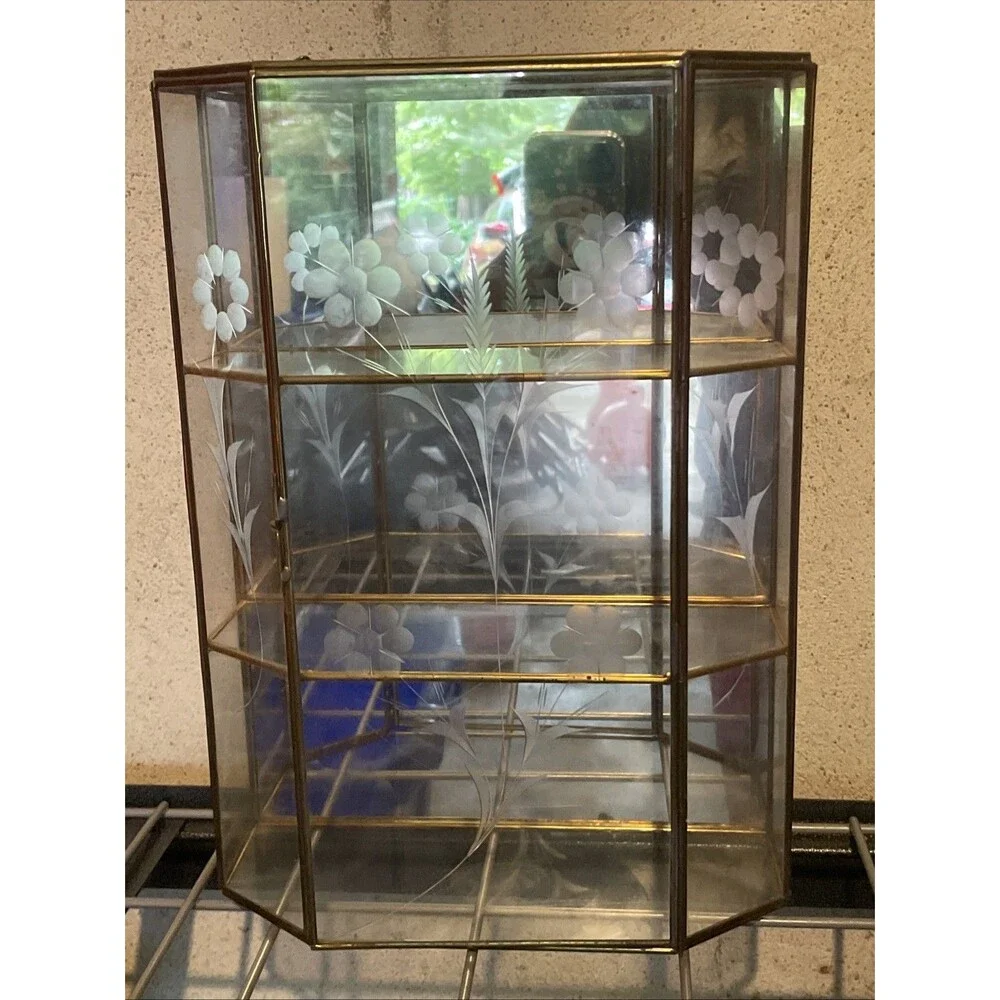 Vintage Etched Glass Brass Display Case Curio Cabinet Mirrored Back Wall Shelf